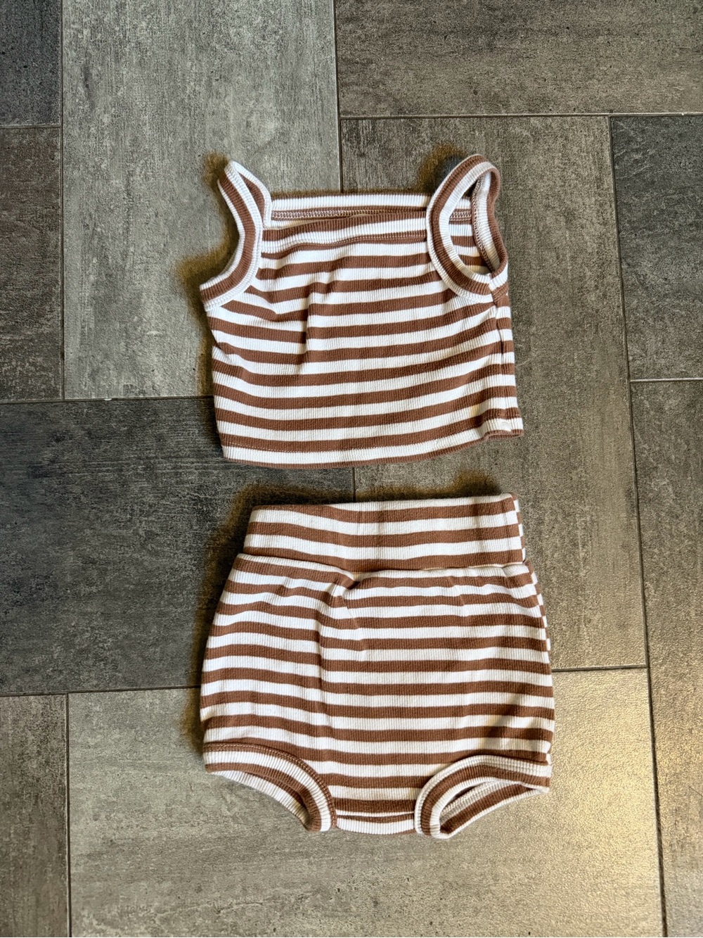 Kindly the Label Striped Ribbed Tank & High-Waist Brief Set - Brown/White - Picture 2 of 6